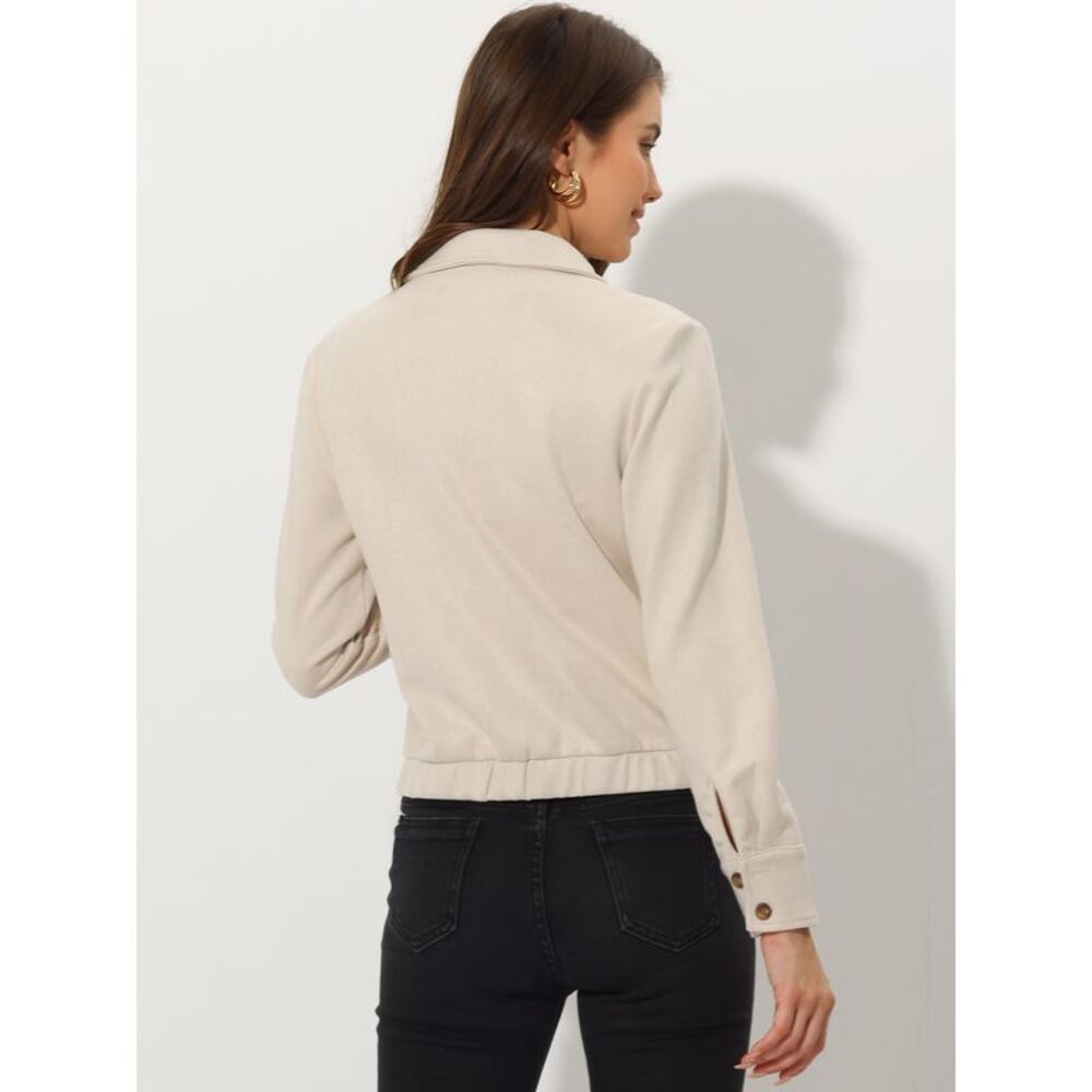 Faux Suede Point Collar Button Down Cropped Moto Biker Jacket Beige - Picture 5 of 5